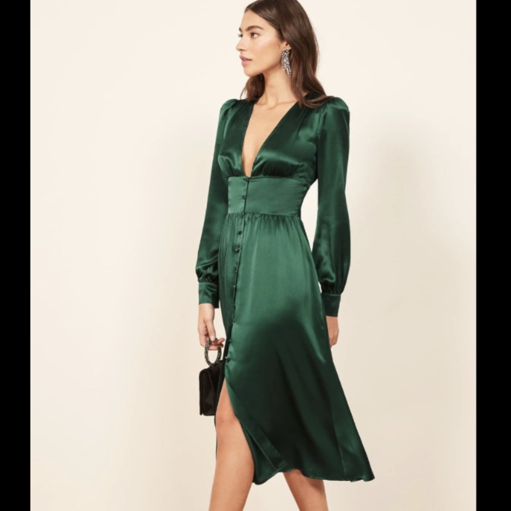 Reformation Nicola Silk Midi Dress in Green